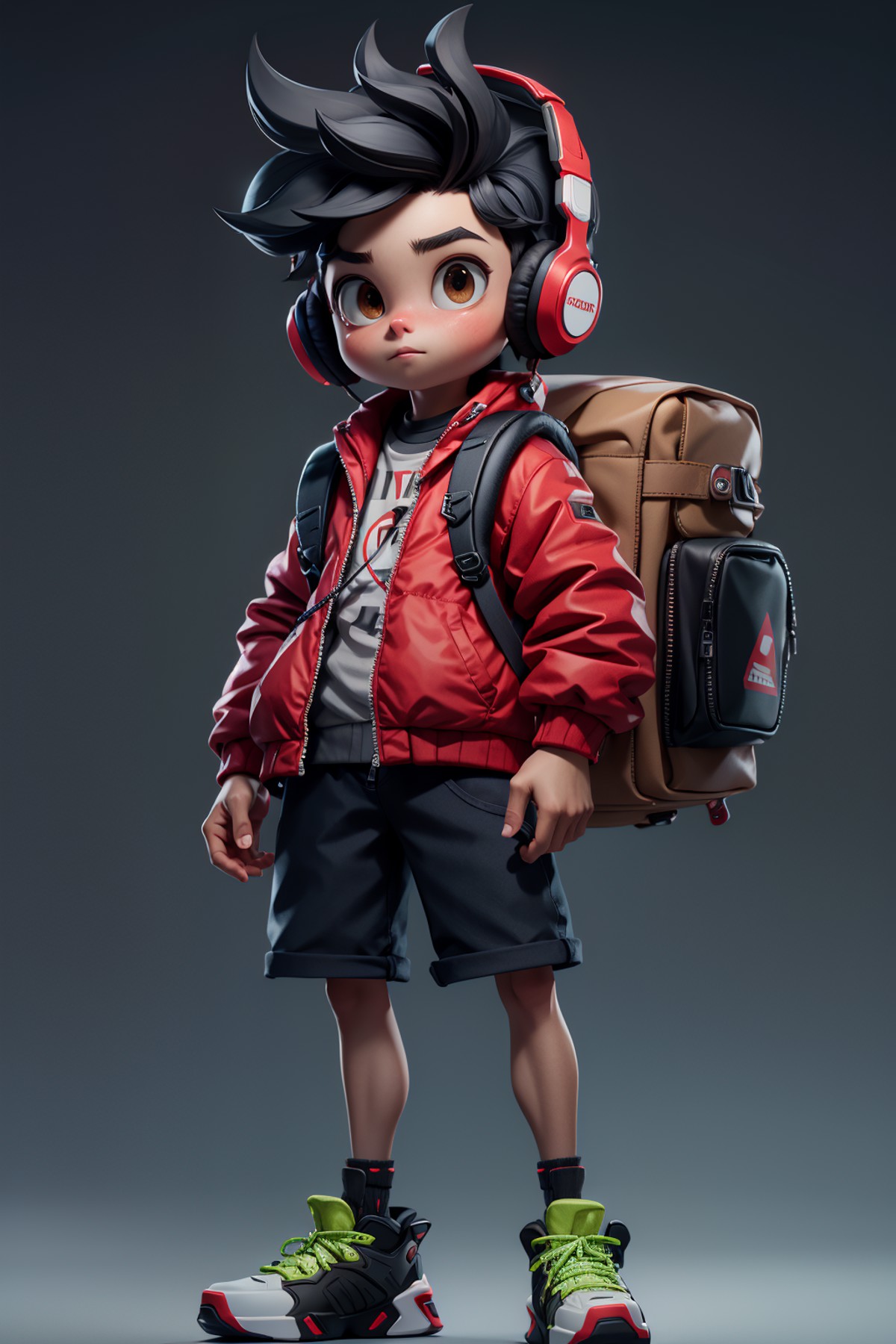 masterpiece, best quality, 8k, official art, cinematic light, ultra high res, 1boy, red jacket, shorts, black hair, headph...